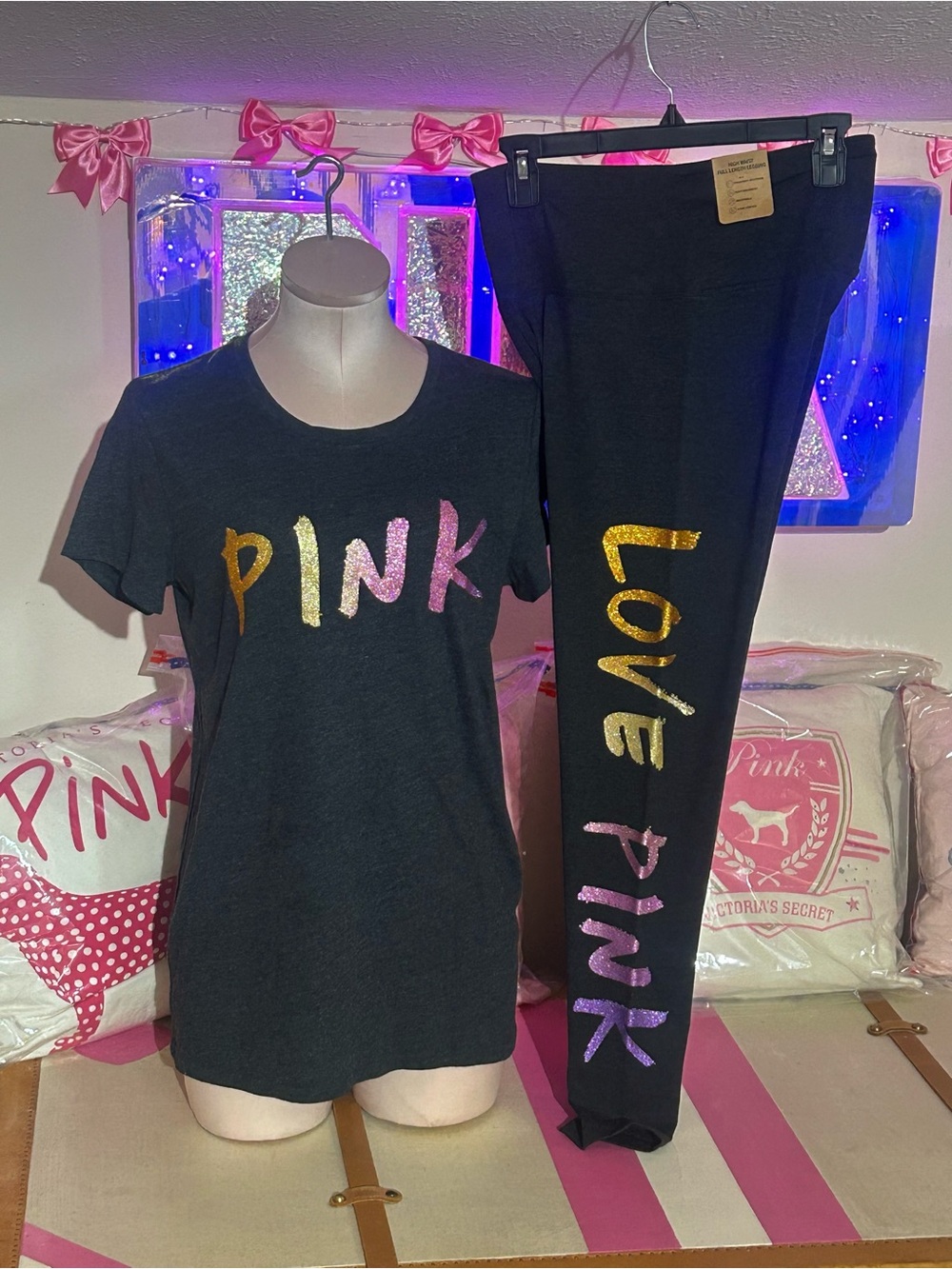 PINK Victoria's Secret Black Kids Pajama Set with Gold and Pink Glitter Logo